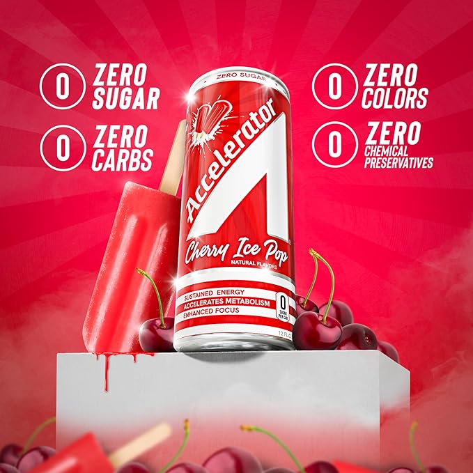 Accelerator Energy Drink Sugar Free, Cherry Ice Pop 12oz can(12 pack), Zero Sugar Energy Drinks with Sustained Energy from 100% Natural Caffeine (200mg) & Green Tea extract