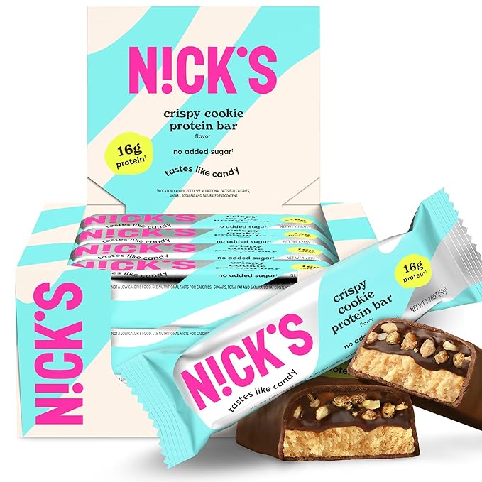 Nick's Protein Bars Crispy Cookie Chocolate, High Protein, Low Calories, Low Carb, Keto Friendly Snacks No Added Sugar (Multipack 12 bars x 50g), Crispy Cookie flavor