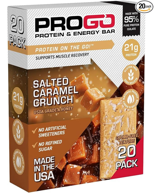 ProGo Protein Bars, Low Sugar, High Protein Snacks (21g) - 95% Pure Isolate for Faster Muscle Growth & Recovery, Low Calorie, Sweetened w/Peanut Butter & Raw Honey (20-Count, Salted Caramel Crunch)