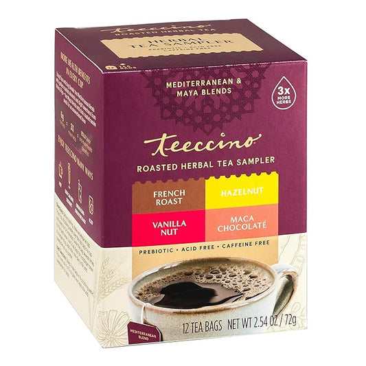 Teeccino Herbal Tea Sampler Assortment - 12 Tea Bags - Maca Chocolaté, French Roast, Hazelnut, Vanilla Nut - Roasted Caffeine Free Herbal Tea, Prebiotic for Natural Energy