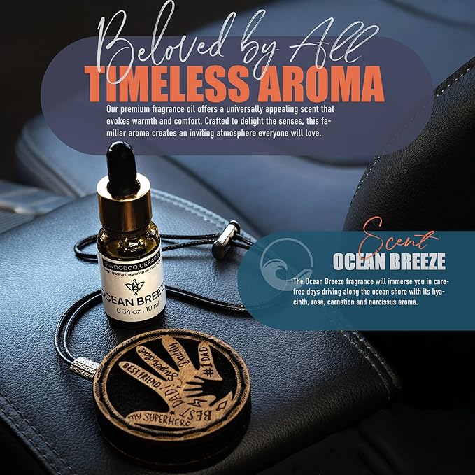 Wood Car Air Freshener — Handcrafted Air Freshener — Father’s Hands Fragrance Oil Diffuser in Wooden Gift Box — Christmas Gift for Car with Ocean Breeze Scent Fragrance Oil - 10 ml