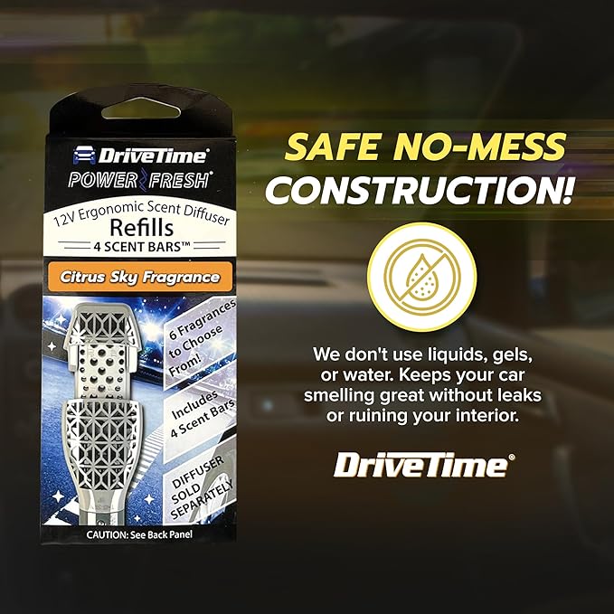 Drive Time Reusable 12V Plug-in Car Air Freshener – Power Fresh, Auto Shut-Off, Plug-In Convenience, No Batteries Needed – Includes 4 Scent Bars for Up to 30 Days of Freshness – Citrus Sky