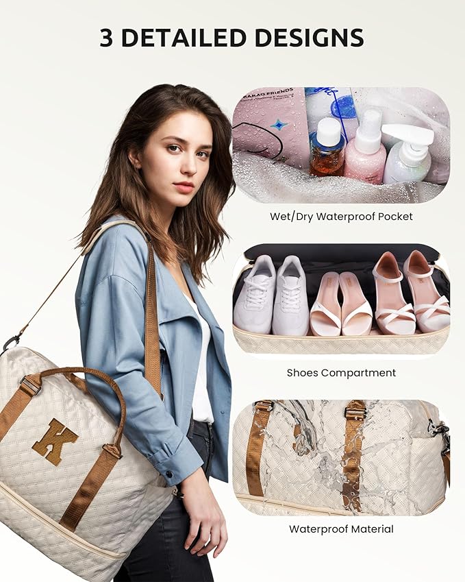 Gifts for Teen-Girls-Initial Duffle Bag with Shoe Compartment, Personalized Weekender Bag, Monogram Overnight Bag, Travel Bag with Makeup Bag，Birthday Gift Graduate Gifts for Her (Letter H)