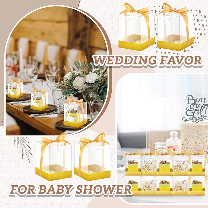 Cunno 36 Set 3. 5 x 3. 5 x 4. 3 in Transparent Candle Gift Box Packaging Box 4-18 oz Handmade Tealight Candle Holders Bulk Paper Bottom Cover with Ribbon for Wedding Baby Shower Party(Gold)