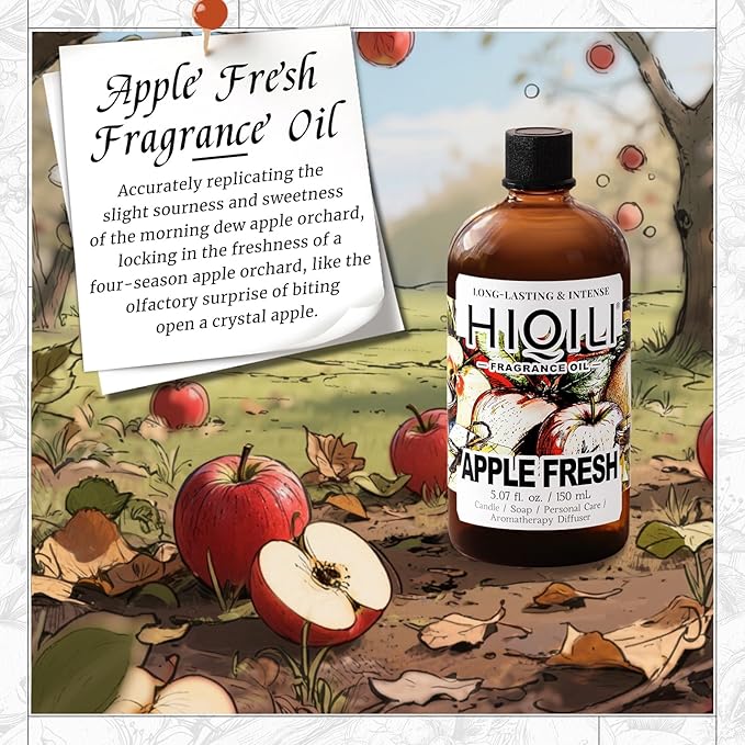 HIQILI Apple Fresh Fragrance Oil for Home Diffuser, Candles, Soaps, Bath Bombs & Perfume Making, Long-Lasting Fruity Scent - 5.07 Fl Oz