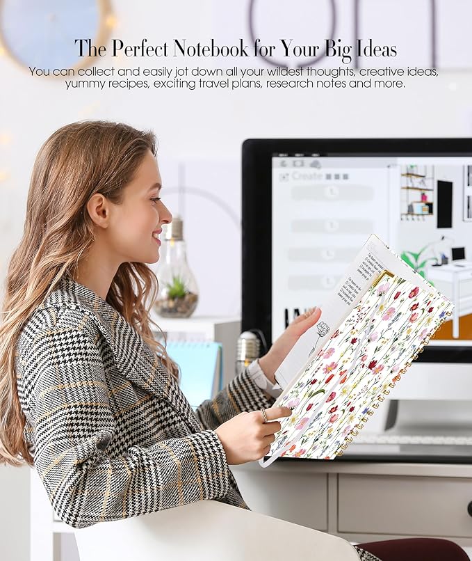 Cute Spiral Notebook Journal for Women, 160 Pages Lined Notebooks 5.75” x 8.38”, A5 Hardcover Spiral Journal with 100 GSM Thick Paper, College Ruled Notebook for Writing Work School, Wildflower Garden