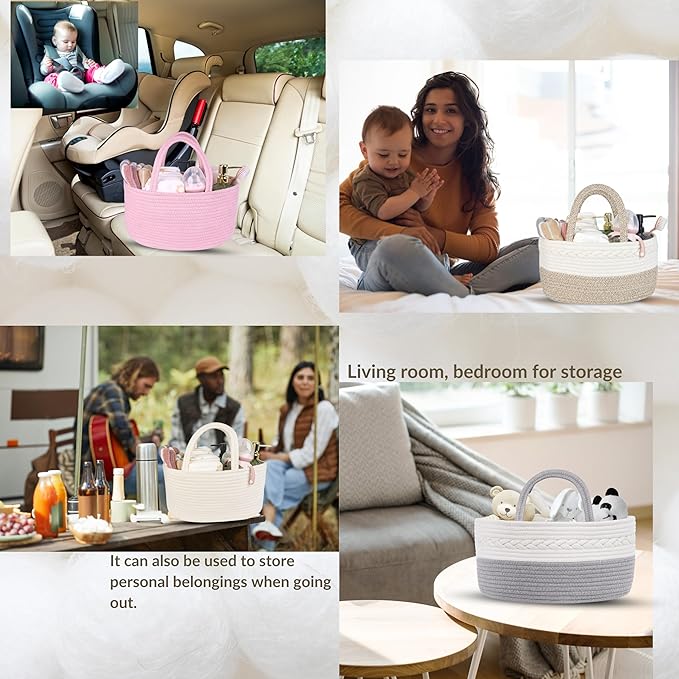 Baby Diaper Caddy Girl Boy Organizer Small Woven Baskets With Handle, Cotton Rope Tote For Shower Nursery, Decorative Small Storage Baskets For Shelves,Unique Gift Baby