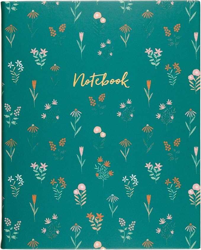 Eccolo Large Lined Journal Notebook, Hardbound Cover, Writing Journal, 256 Ruled Ivory Pages, Ribbon Bookmark, Lay Flat, Desk Size, Tiny Flowers (Green, 8x10 inches)