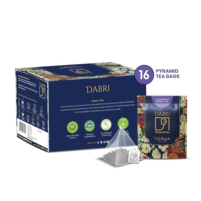 Dabri Chamomile Green Tea Bags | 16 Pyramid Bags | Calming Herbal Wellness Tea with Whole Leaf Green Tea & Natural Chamomile Flowers | Soothing Bedtime Tisane
