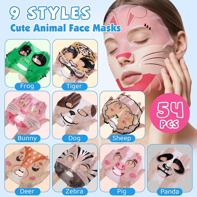 54 Pack Animal Kids Face Mask Spa, Bulk Collagen Hydrating Sheet Face Masks Skincare for Girls Teens, Christmas Gifts, Birthday Gifts, Stocking Stuffers for Women