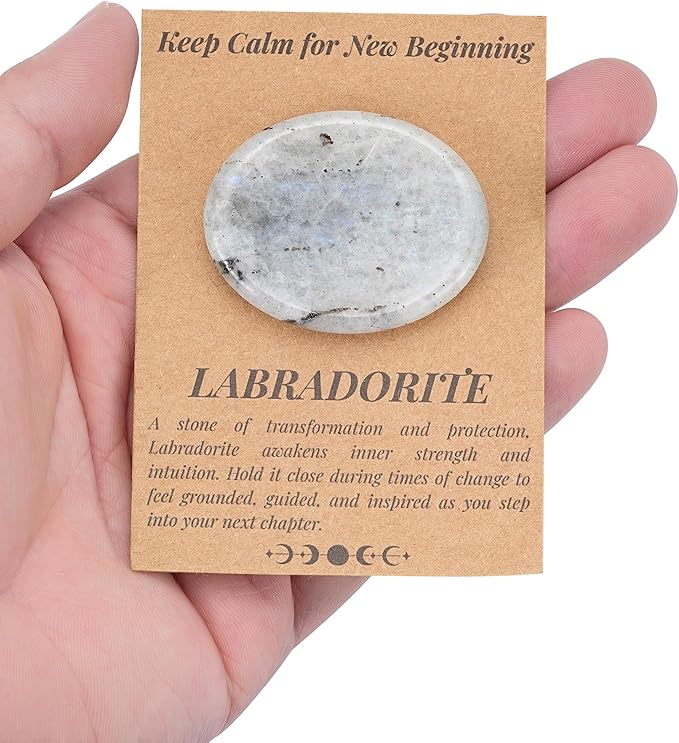 QianCannaor Labradorite Oval Shaped Worry Stone for Adults • Crystals and Healing Stones for Anxiety Relief, Stress Relief & & New Beginnings • Pocket Palm Stone with Affirmation Card