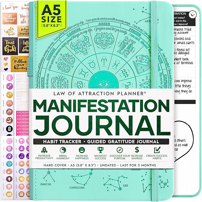 Manifestation Journal - 5 Minute Manifesting & Self Care Journal | 90-Day Undated Daily Planner for Positivity, Affirmations & Gratitude | Guided Mindfulness, Reflection | Vision Board + Stickers