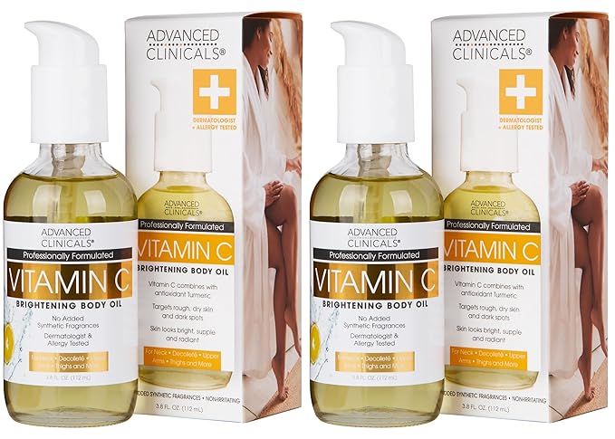 Advanced Clinicals Vitamin C Brightening Body Oil For Women & Men | Vitamin C Oil Skin Care Body Moisturizer With Vitamin E + Botanicals To Help Improve Appearance Of Dark Spots + Dry Skin, 2PC