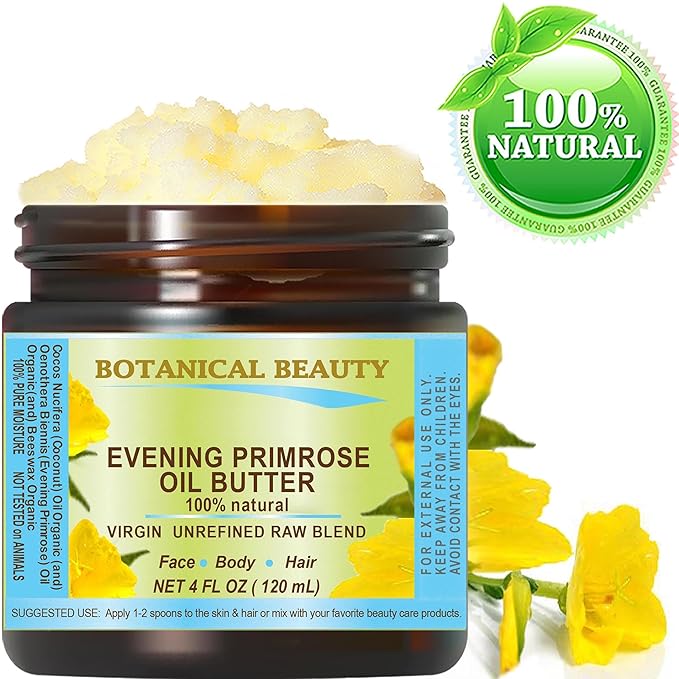 Botanical Beauty EVENING PRIMROSE OIL BUTTER Pure Natural Virgin Unrefined RAW for FACE, SKIN, BODY, DAMAGED HAIR, NAILS. (4 Fl Oz)