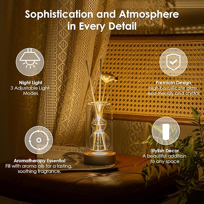 Empty Fragrance Glass Reed Diffuser Bottles with 5pcs Reed Diffuser Sticks,Luminous Base,Decorative Flower Bud Fragrance Accessories Use for DIY Replacement Reed Diffuser Sets,Gourd Shaped