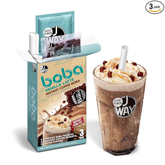 J WAY Instant Vanilla Latte Coffee Kit with Authentic Brown Sugar Tapioca Boba, Ready in Under One Minute, Paper Straws Included - 3 Servings