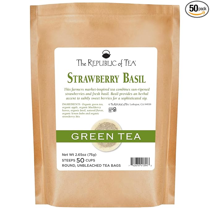 The Republic of Tea Organic Strawberry Basil Green Tea, 50 Tea Bags (Refill Bag)