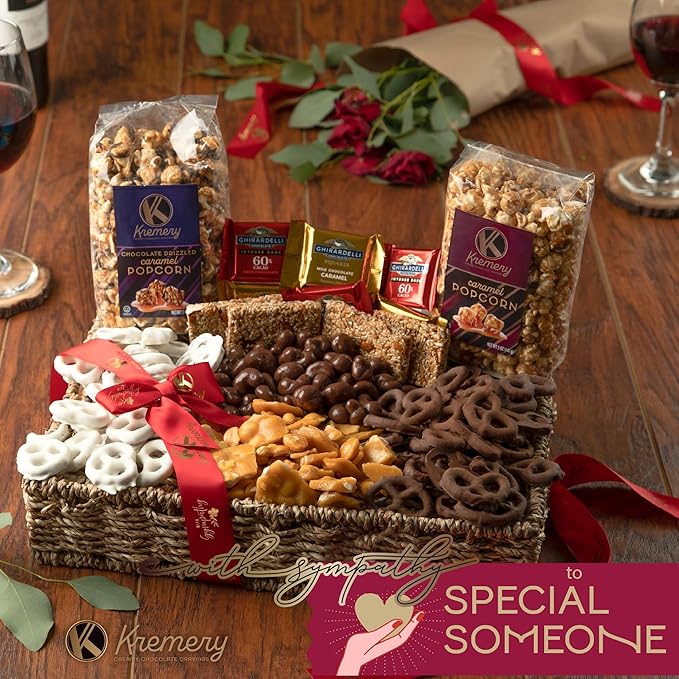 KREMERY Creamy Chocolate Cravings - Sympathy Condolence, Chocolate Covered Pretzels & Caramel Popcorn Gift Basket, in Seagrass Tray + Ribbon & Greeting Card (Deluxe, 3.5 lbs) Food Assortments USA Made