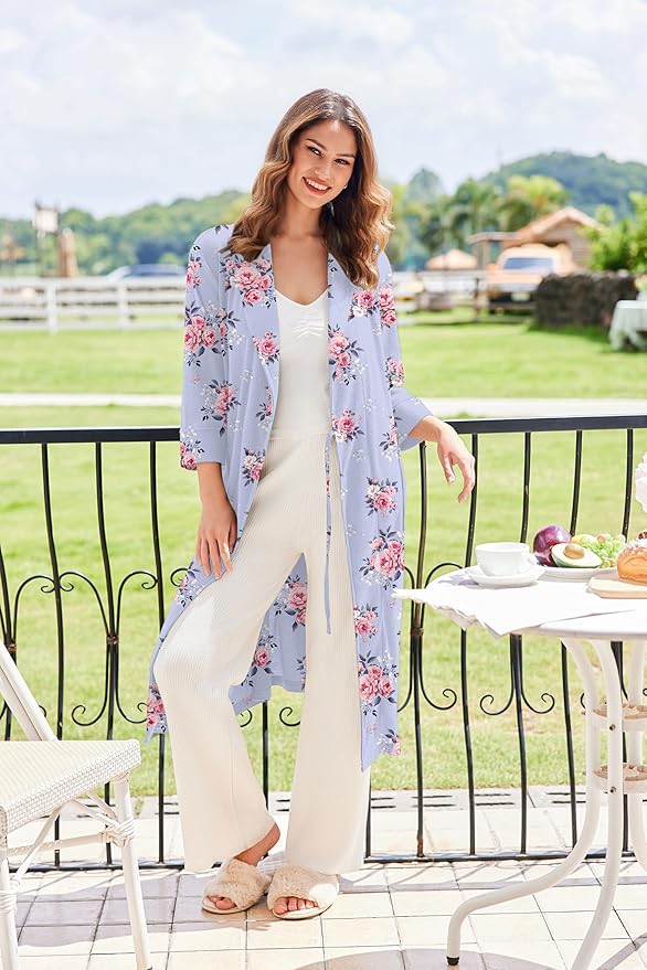 Ekouaer Robes for Women Long Waffle Knit Bathrobe Lightweight Kimono Robe Soft Shawl Collar Spa Robes with Pockets S-XXL