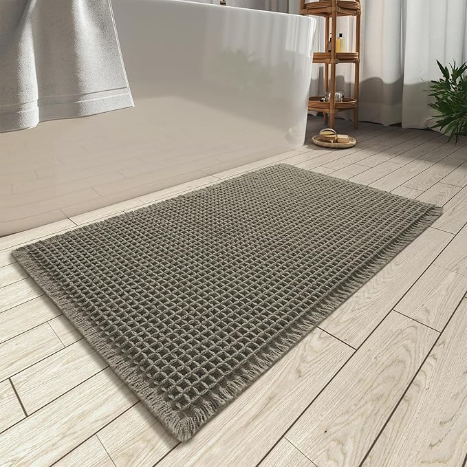AMOAMI Upgraded Waffle Bath Mat, Super Absorbent Non Slip Bath Mats for Bathroom Floor, Machine Washable Bathroom Rugs with Tassels, Rubber Backed Bathroom Mats, Ultra Soft, 17" x 24", Dark Green