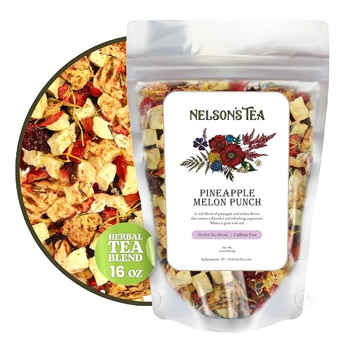 Nelson's Tea Pineapple Melon Punch - Caffeine Free, Cut & Sifted Rooibos Green Tea with Apple, Cranberry, Hibiscus, Marigod and Safflower Loose Leaf Tea (16 oz)