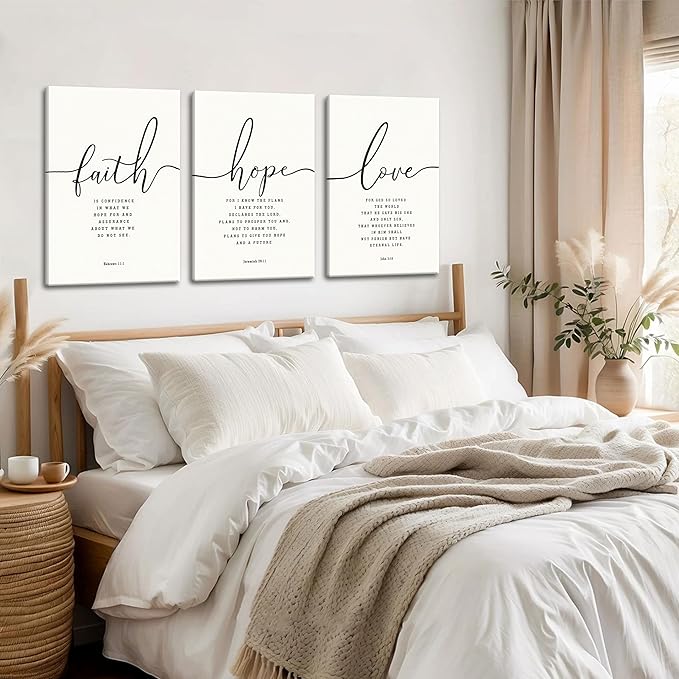 Farmhouse Bible Verses Wall Decor for Living Room - Minimalist Christian Scripture Wall Art Set of 3, Faith Hope Love Canvas Prints Religious Decor for Bedroom Office 16x24 inch Framed