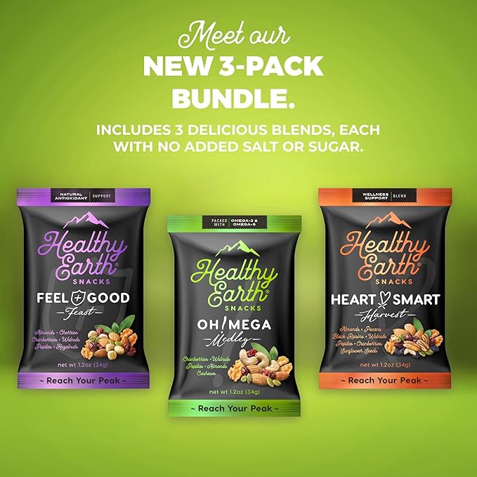 Healthy Earth Snacks 3 Flavors Variety Pack, 24 Count | Mixed Nuts & Dried Fruits Gourmet Snacks, Gluten-Free | 8 Packets Per Flavor: Heart Smart Harvest, Feel Good Feast, & Oh! Mega Medley (816g)