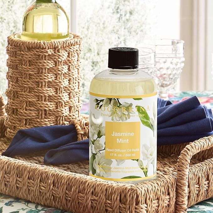 Cocorrína Reed Diffuser Refill Jasmine&Mint 17oz (500ml) with 8 Sticks - Premium Long-Lasting Scented Oil, Home Fragrance for Bedroom, Bathroom Home Decor
