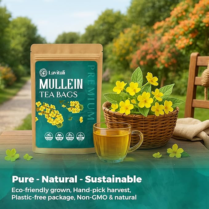 Lavitali, Mullein Leaves Tea Bags | 60 bags, 100% Pure Herbal Tea | Caffeine-Free, No Sugar, Eco-Friendly Filter Bags | Daily Natural Botanical, Hot or Iced Herbal Infusion