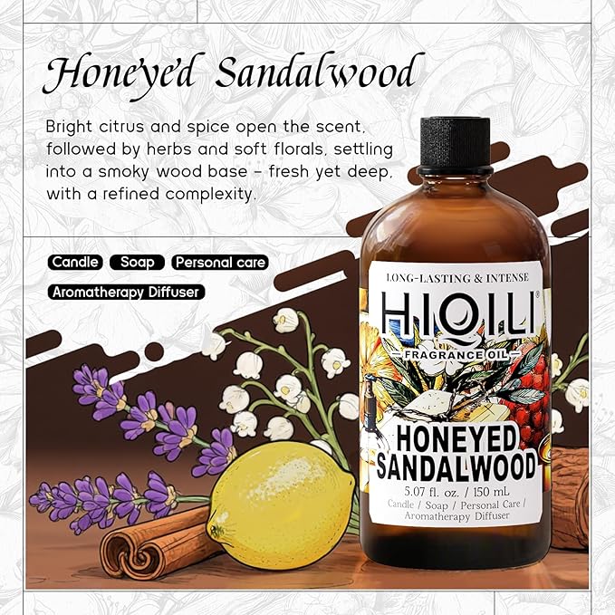 HIQILI Honeyed Sandalwood Fragrance Oil for Diffuser, Candle & Soap Making, Add to Dryer Balls, Lotion, Hotel Luxury Scents - 5.07 Fl Oz