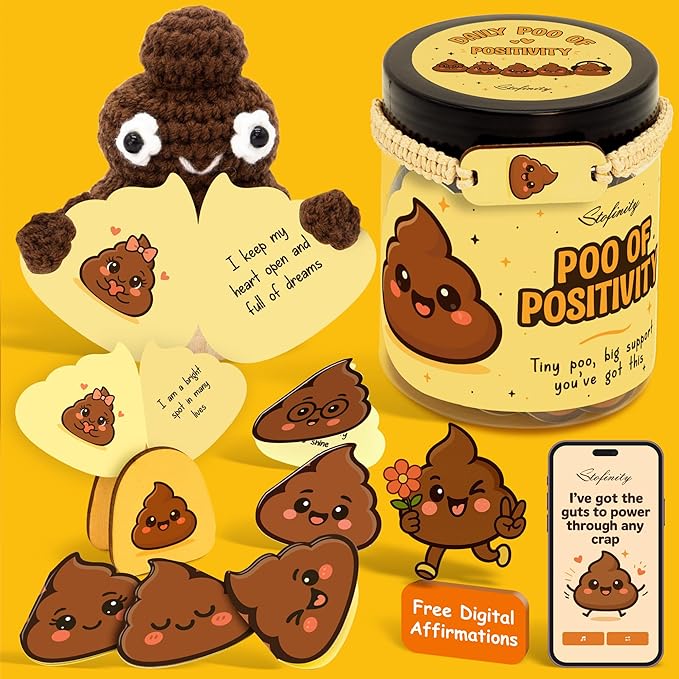 Positivity Poo Crochet Affirmation Jar - 60 Funny Affirmation Cards For Women Men, Support Poop Gifts, Cute Birthday Gifts For Teens Girl Trendy Stuff, Inspirational Gift For Him Her