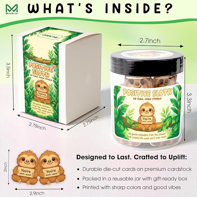 Positive Sloth Jar – 60 Affirmation Cards For Women, Girls - Mental Health & Stress Relief Support Gift, Sloth Gifts For Women, Coworker, Teen Girl Gifts Trendy Stuff