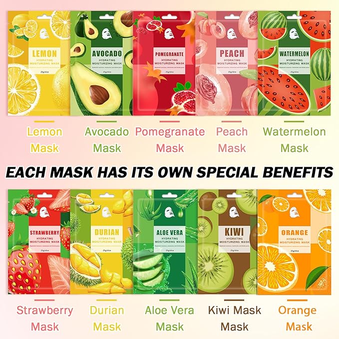 10PCS Hydrating Facial Sheet Mask,Moisturizing Face Masks Skincare Gift Set,Long Lasting Face Mask Skin Care & Facial Mask Kit for All Skin Types 09