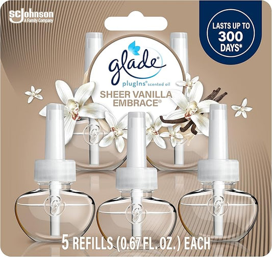 Glade PlugIns Refills Air Freshener, Scented and Essential Oils for Home and Bathroom, Sheer Vanilla Embrace, 3.35 Fl Oz, 5 Count