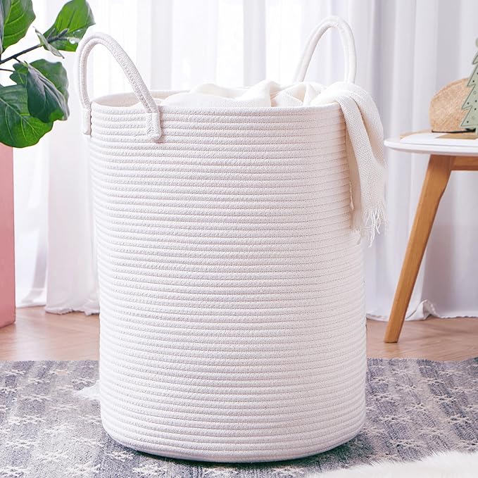 60L Pure White Woven Hamper Laundry Basket Cotton Rope Blanket Basket for Living Room 20 inches Tall Clothes Hamper for Baby Nursery Kids in Bedroom