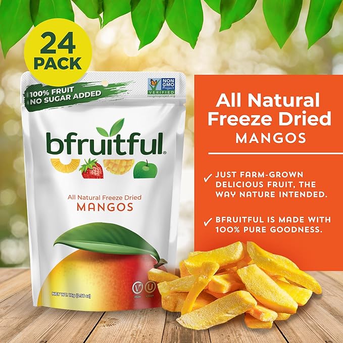 bfruitful Freeze-Dried Mango, Freeze Dried Fresh Fruit Bites, Gluten Free, Vegan, Dairy Free, Kosher, No Sugar Added, Non GMO, Healthy Snacks for Kids or Adults, 0.56 oz Single-Serve Snack Packets, 24 Pack