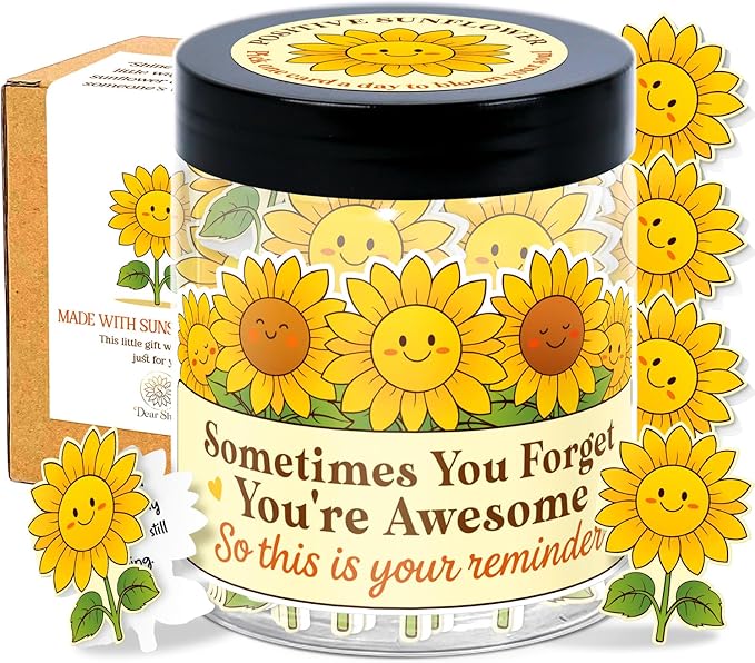 Inspirational Gifts for Women - Emotional Support Positive Sunflower Gift - Sometime You Forget You're Awesome - 60 Positive Affirmation Cards Jar, Thank You Gift for Coworker, Sister Friend, Teacher