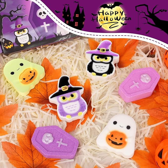 6 Pack Halloween Bath Bombs,Owl and Ghosts Bath Salt with Surprise Inside,Party Favor and Goodie Bag Fillers,Halloween Gifts for Kids (Halloween Nightfall)