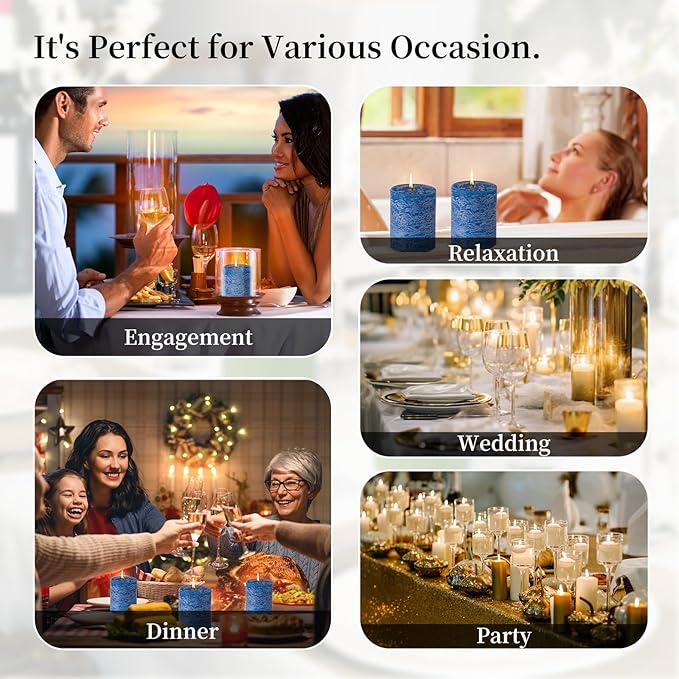 KONNI Blue Pillar Candles Set of 3, 3"x 4" Unscented Pillar Candles Bulk, 39 Hours Long Burning Candles, Smokeless & Dripless Round Candle for Wedding, Home Decoration, Parties, Spas, Dinner