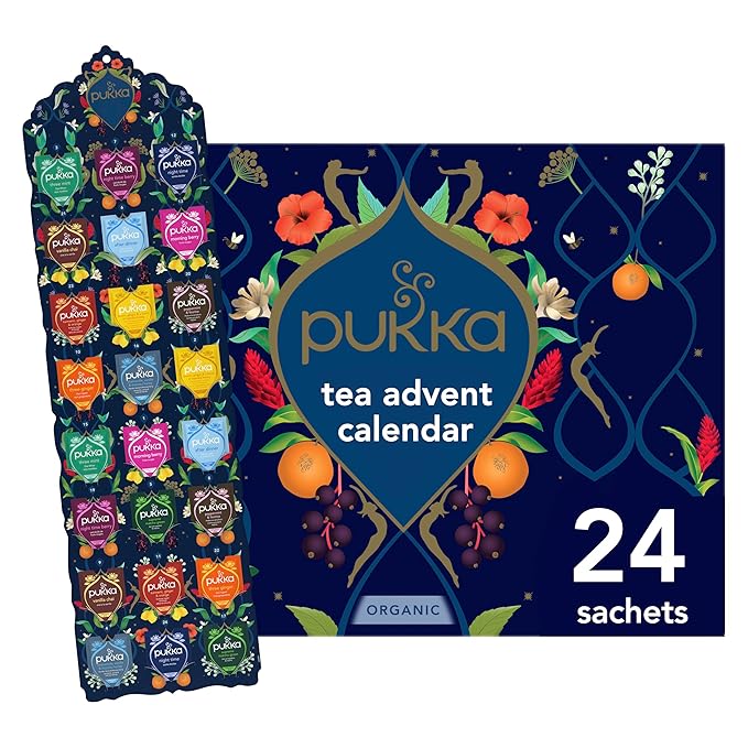 Pukka 2025 Advent Calendar Organic Tea Sampler, Selection of 24 Delightful Black & Green Tea Infusions, Christmas Gift Idea for Tea Lovers, 100% Organic