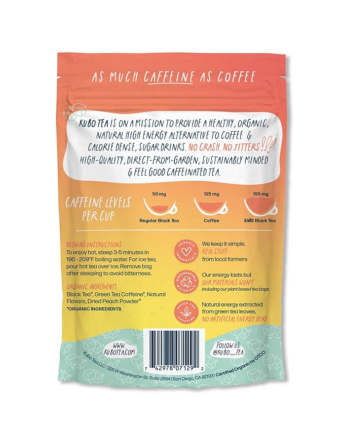 Kubo Tea Peach Mango Black Iced Tea - Organic Pillow Tea Bags - High Caffeine Coffee Alternative w/ 20 Servings (155mg Caffeine each) - Premium Flavored Blend w/Compostable & Biodegradable Packaging