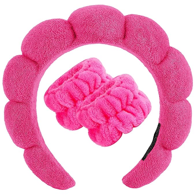Zkptops Spa Headband for Women Sponge Makeup Skincare Headband Washing Face Wristband Set Terry Cloth Bubble Soft Get Ready Hairband Puffy Padded Headwear Non Slip Thick Hair Accessory(Hot Pink-2)
