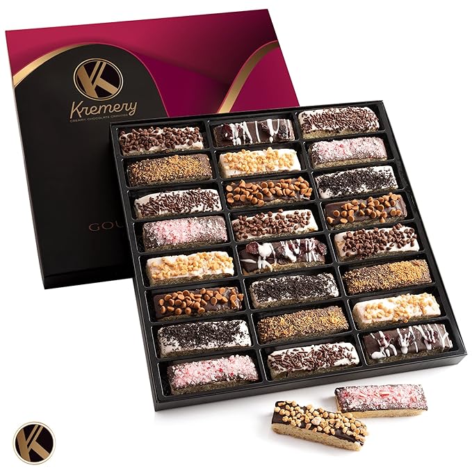 KREMERY Creamy Chocolate Cravings - Diwali Sweets Hamper Chocolate Covered Biscotti Cookies Gift Basket, in Elegant Gift Box (24 Biscotties, Assorted Sweet Toppings)