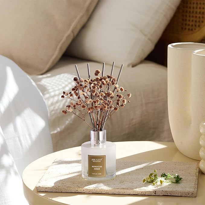 Airkeep Reed Diffuser Set,3.38 fl oz (100 ml) - Moroccan Amber Oil Diffusers with 8 Reed Sticks, Home Fragrance Reed Diffuser for Bathroom Shelf Decor