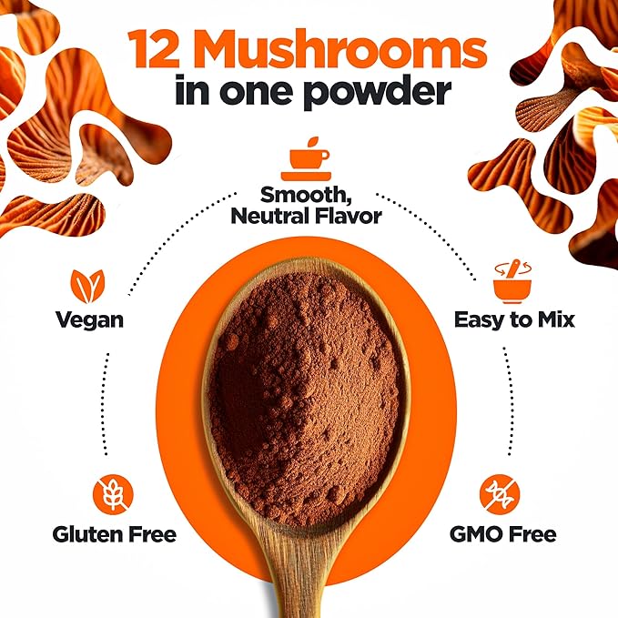 KIKI Green 12 Mushroom Powder 4 oz - Lion's Mane, Cordyceps, Chaga, Reishi, Shiitake, Maitake & More - Vegan, Fruiting Body Mushroom Supplement Powder for Focus, Energy, Immunity