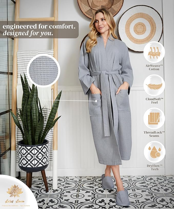 Lotus Linen Waffle Robes for Women - Lightweight Cotton Kimono Bathrobe - Long Soft Spa Bath Robe