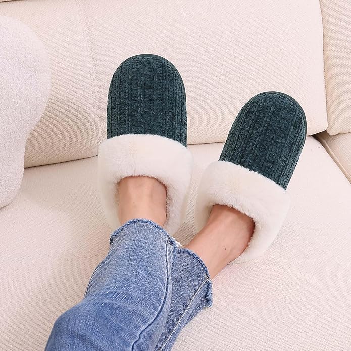 Evshine Warm Knit House Slippers for Women Comfy Wool-Like Lined Chenille Slippers with Memory Foam and Indoor Outdoor Soles
