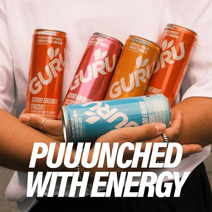 GURU PUNCH Organic Energy Drinks Variety Pack, Clean Energy Drink with Plant Based Natural Caffeine from Green Tea + Focus w/L-Theanine, Gluten Free, 140mg Caffeine, Healthy Drinks, 12oz (Pack of 12)