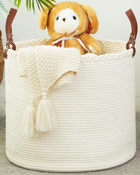 KAKAMAY Large Blanket Basket (18"x16"),Woven Baby Laundry Hamper,Cotton Rope Blanket Basket for Nursery, Laundry, Living Room, Pillows, Baby Toy chest with Leather Handles (White)