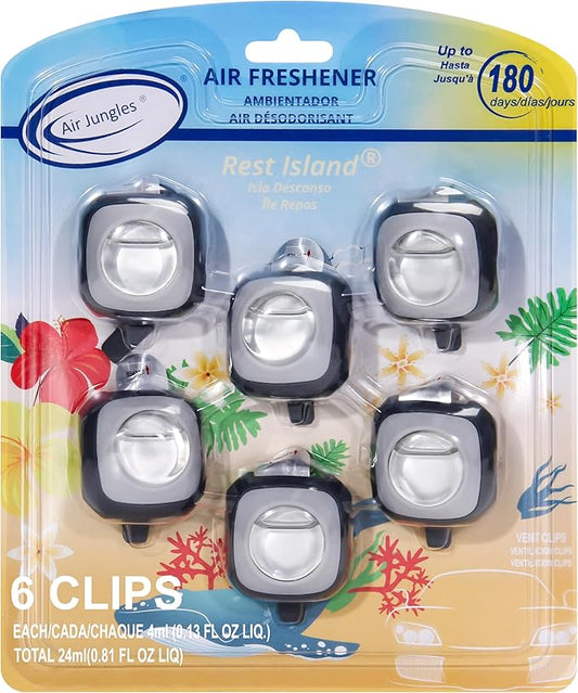 Air Jungles Rest Island Scent Car Air Freshener Clip, 6 Vent Clips, 4ml Each, Long Lasting Air Freshener, Up to 180 Days Car Refresher Odor Eliminator